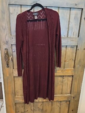 Love Always Eyelet Open Cardigan in Wine Red